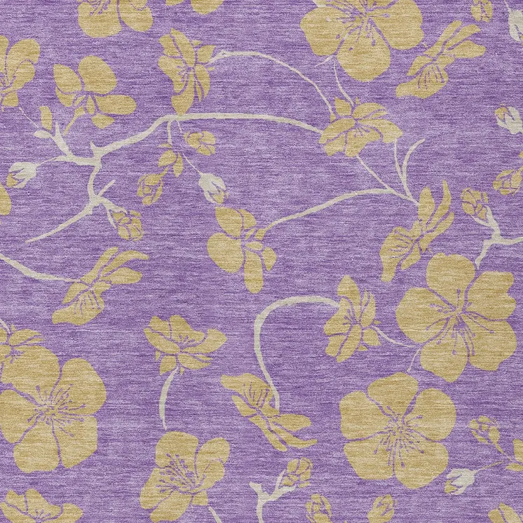 9' X 12' Purple And Gold Floral Washable Indoor Outdoor Area Rug