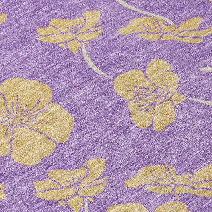 9' X 12' Purple And Gold Floral Washable Indoor Outdoor Area Rug