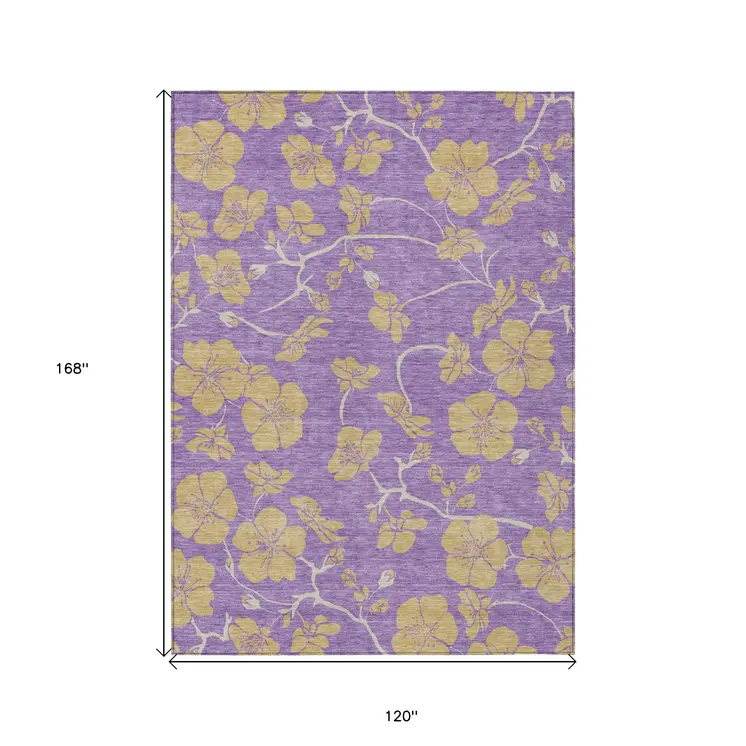 10' X 14' Purple And Gold Floral Washable Indoor Outdoor Area Rug