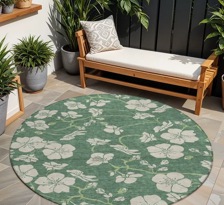 8' Sage And Ivory Round Floral Washable Indoor Outdoor Area Rug