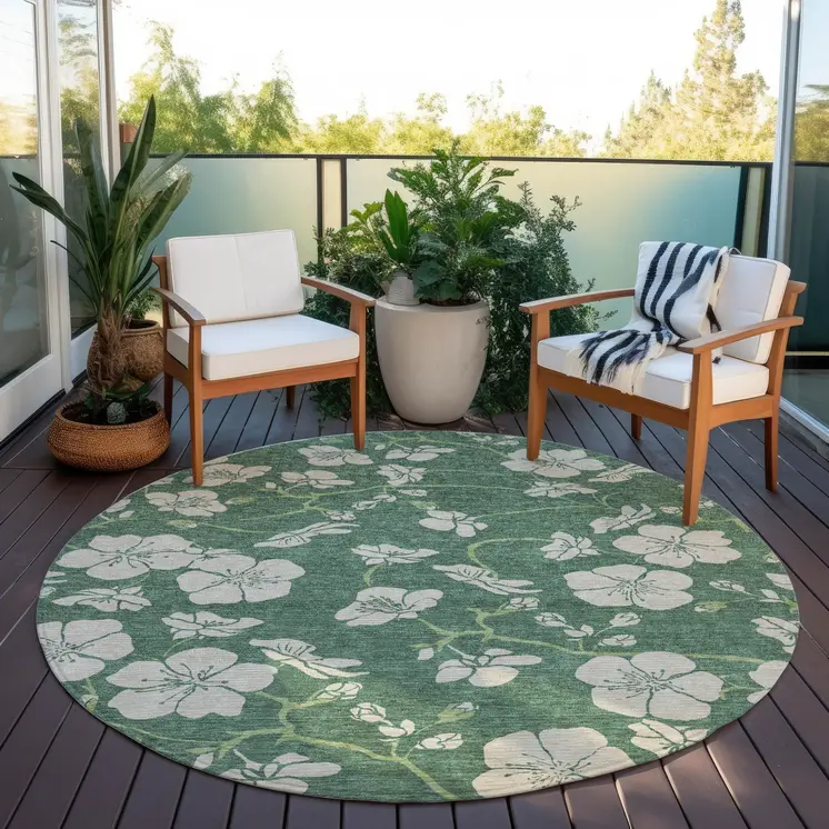 8' Sage And Ivory Round Floral Washable Indoor Outdoor Area Rug
