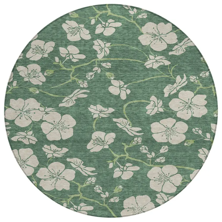 8' Sage And Ivory Round Floral Washable Indoor Outdoor Area Rug