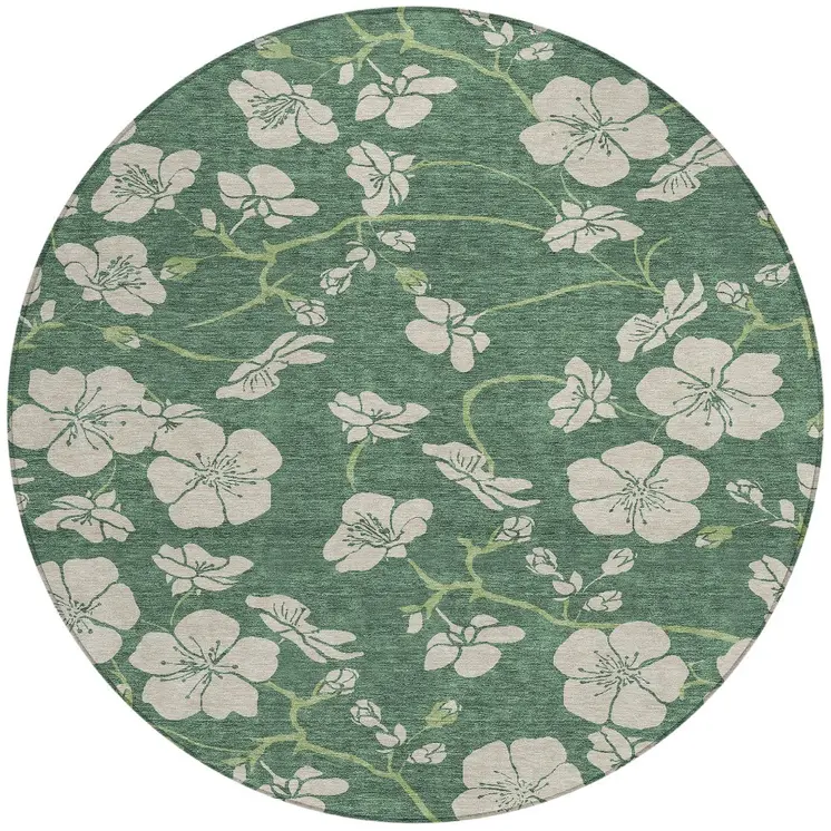 8' Sage And Ivory Round Floral Washable Indoor Outdoor Area Rug