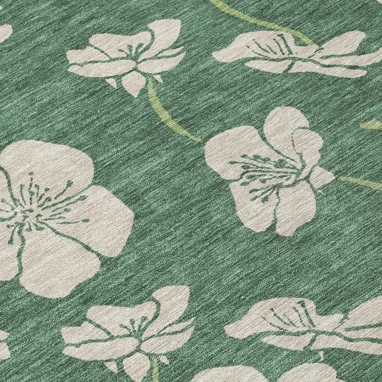 8' Sage And Ivory Round Floral Washable Indoor Outdoor Area Rug