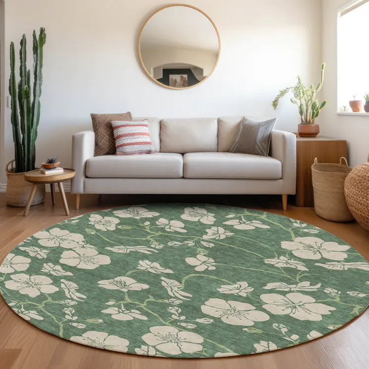 8' Sage And Ivory Round Floral Washable Indoor Outdoor Area Rug