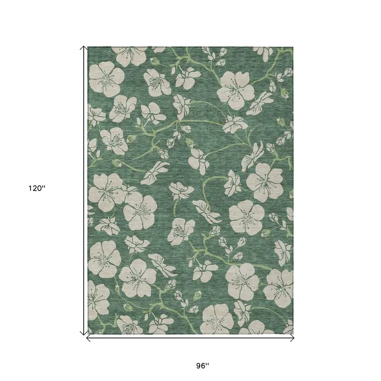 8' X 10' Sage And Ivory Floral Washable Indoor Outdoor Area Rug
