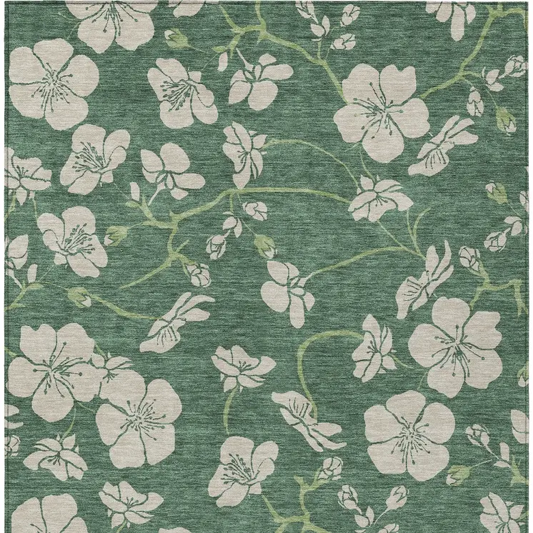 9' X 12' Sage And Ivory Floral Washable Indoor Outdoor Area Rug
