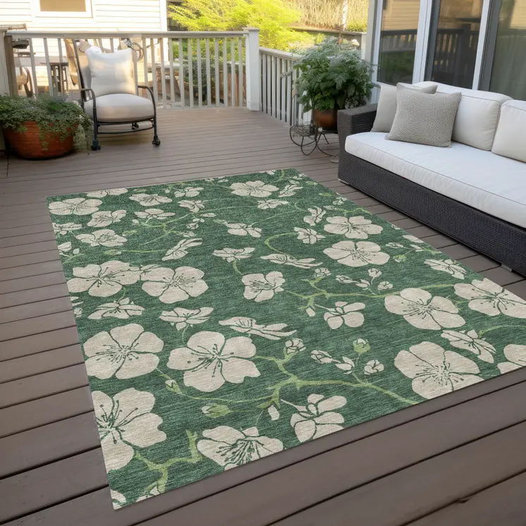 9' X 12' Sage And Ivory Floral Washable Indoor Outdoor Area Rug