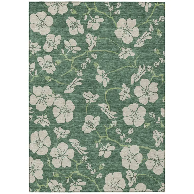 9' X 12' Sage And Ivory Floral Washable Indoor Outdoor Area Rug