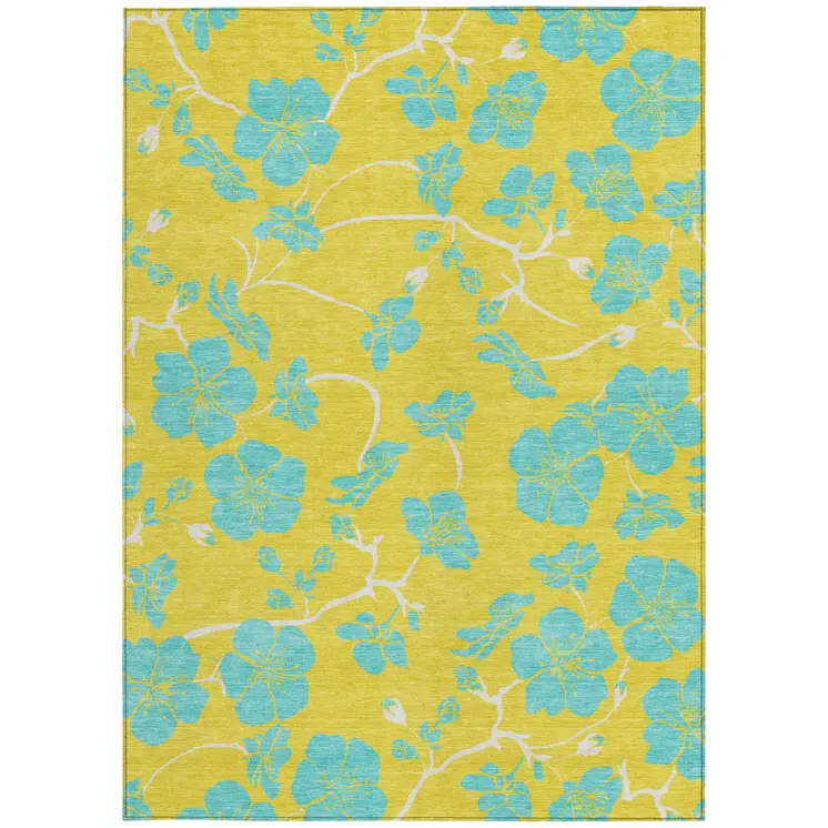 3' X 5' Yellow And Aqua Floral Washable Indoor Outdoor Area Rug