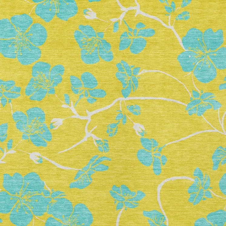 3' X 5' Yellow And Aqua Floral Washable Indoor Outdoor Area Rug