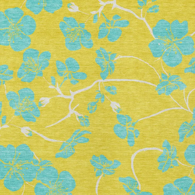 5' X 8' Yellow And Aqua Floral Washable Indoor Outdoor Area Rug