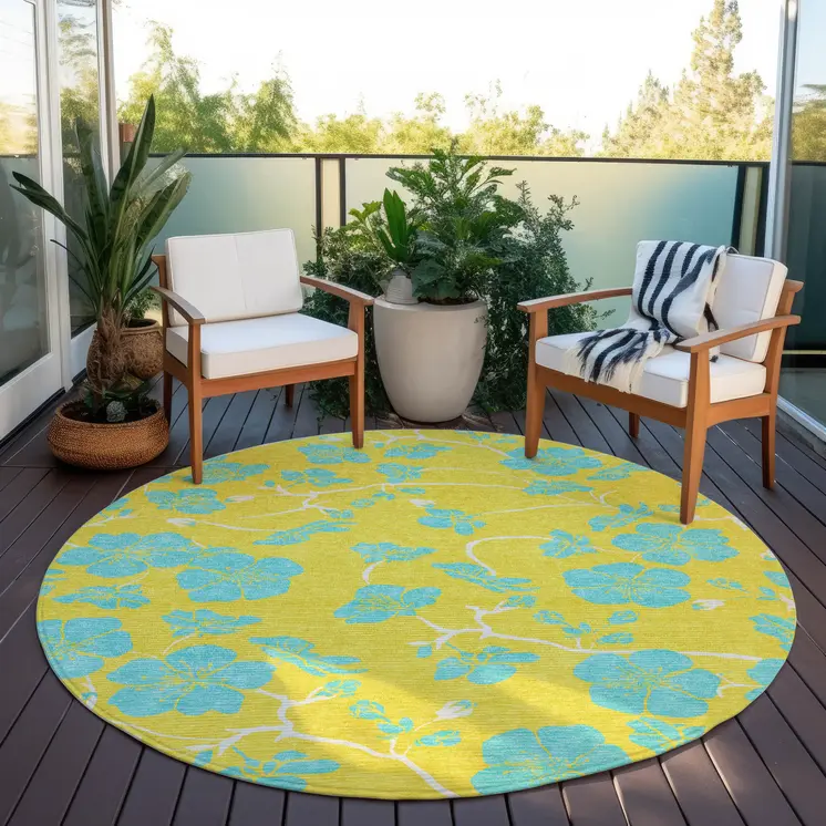 8' Yellow And Aqua Round Floral Washable Indoor Outdoor Area Rug