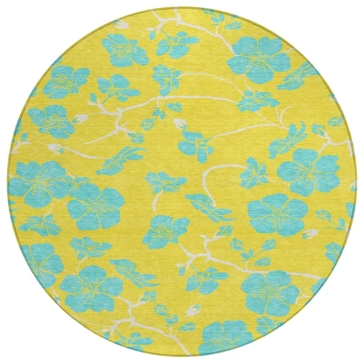 8' Yellow And Aqua Round Floral Washable Indoor Outdoor Area Rug