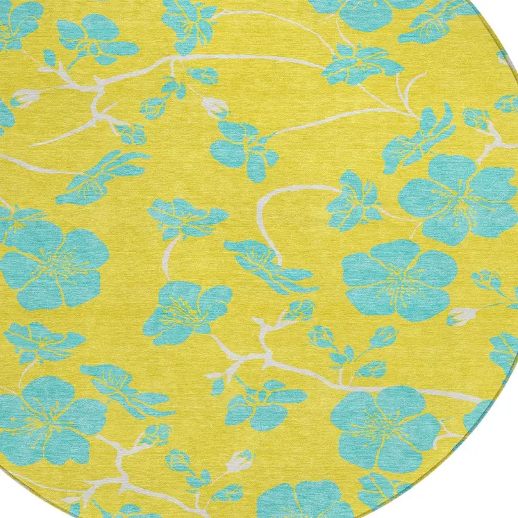 8' Yellow And Aqua Round Floral Washable Indoor Outdoor Area Rug