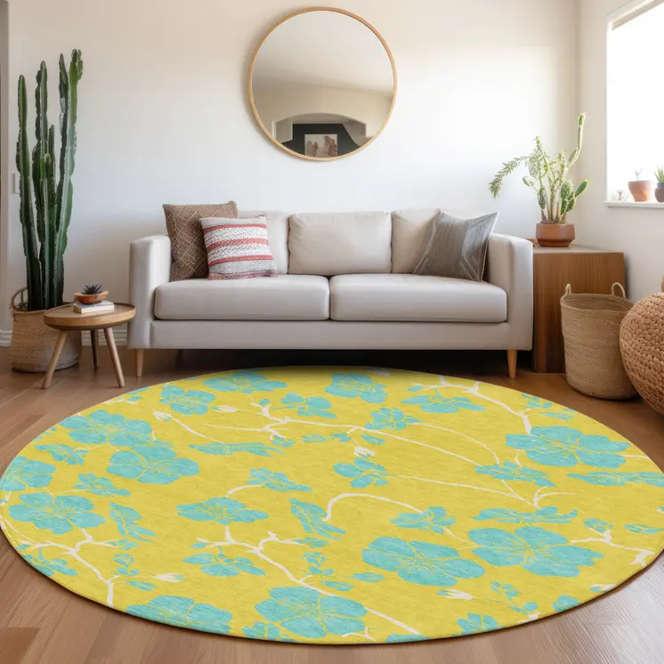 8' Yellow And Aqua Round Floral Washable Indoor Outdoor Area Rug