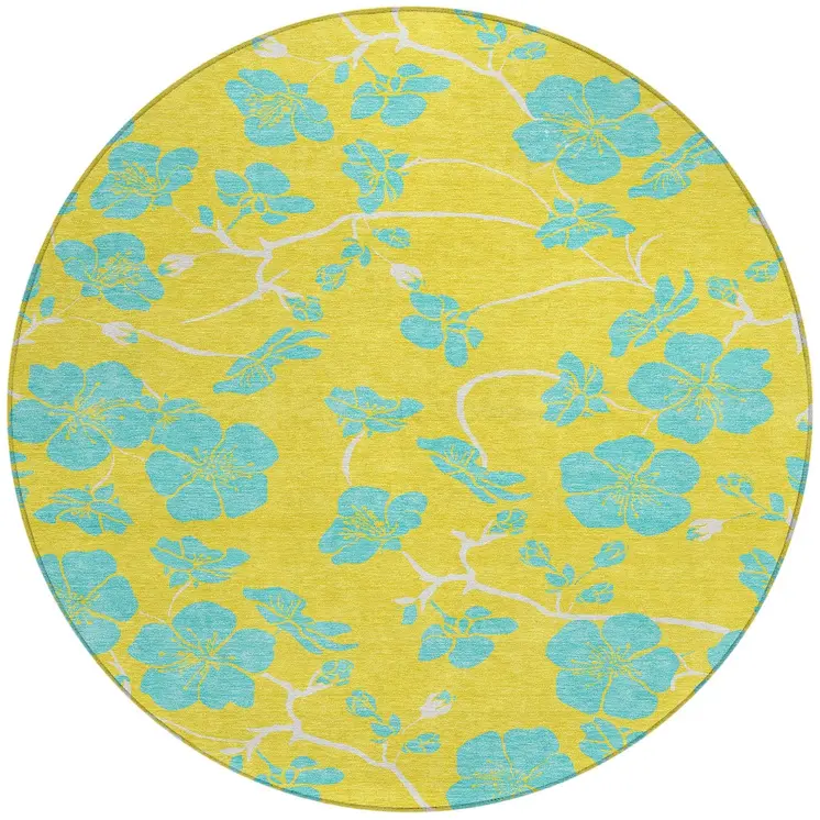 8' Yellow And Aqua Round Floral Washable Indoor Outdoor Area Rug