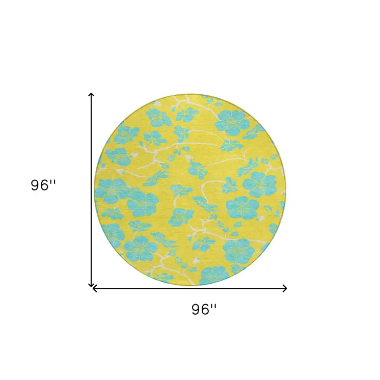 8' Yellow And Aqua Round Floral Washable Indoor Outdoor Area Rug