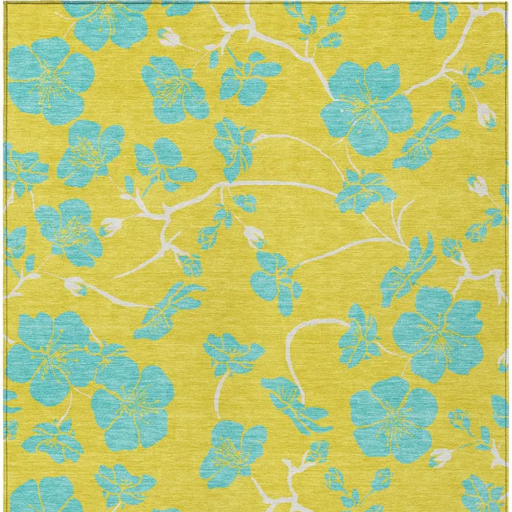 8' X 10' Yellow And Aqua Floral Washable Indoor Outdoor Area Rug