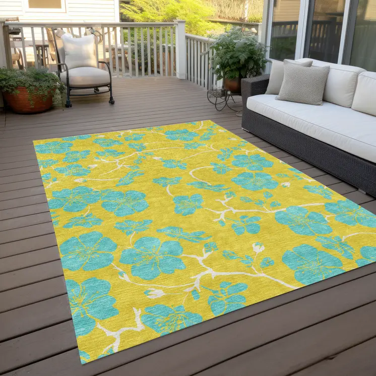 8' X 10' Yellow And Aqua Floral Washable Indoor Outdoor Area Rug