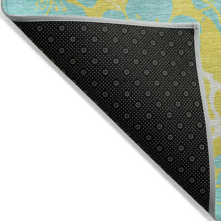 8' X 10' Yellow And Aqua Floral Washable Indoor Outdoor Area Rug