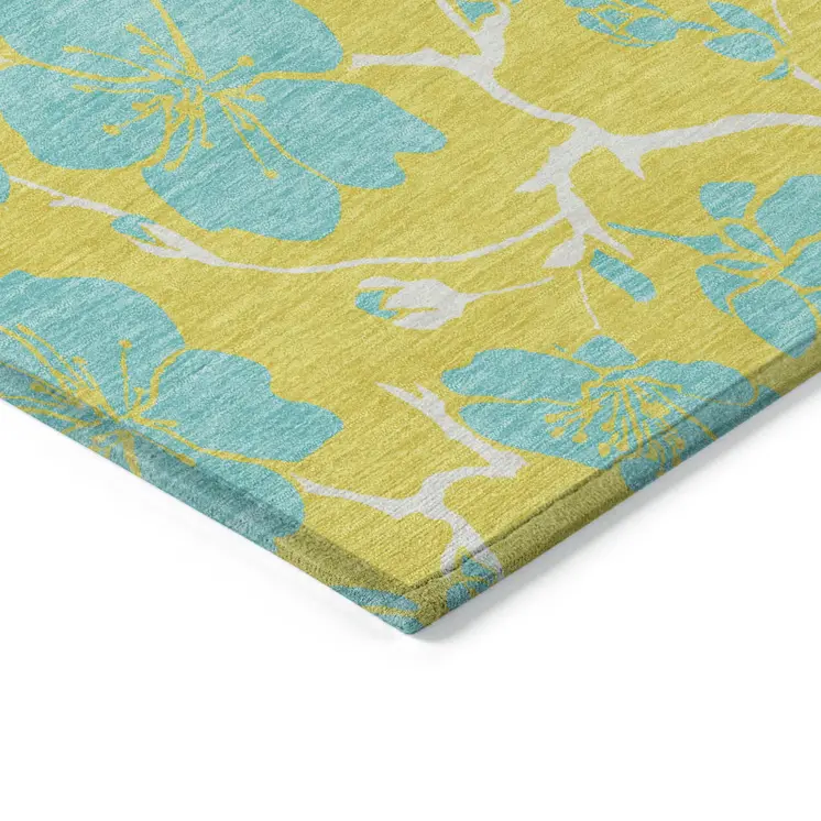 8' X 10' Yellow And Aqua Floral Washable Indoor Outdoor Area Rug