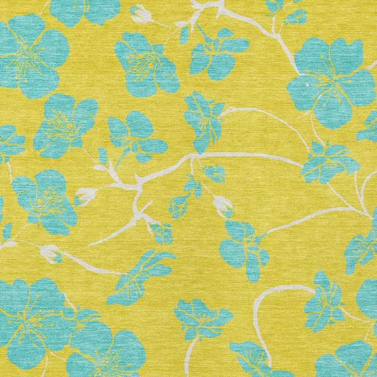 8' X 10' Yellow And Aqua Floral Washable Indoor Outdoor Area Rug