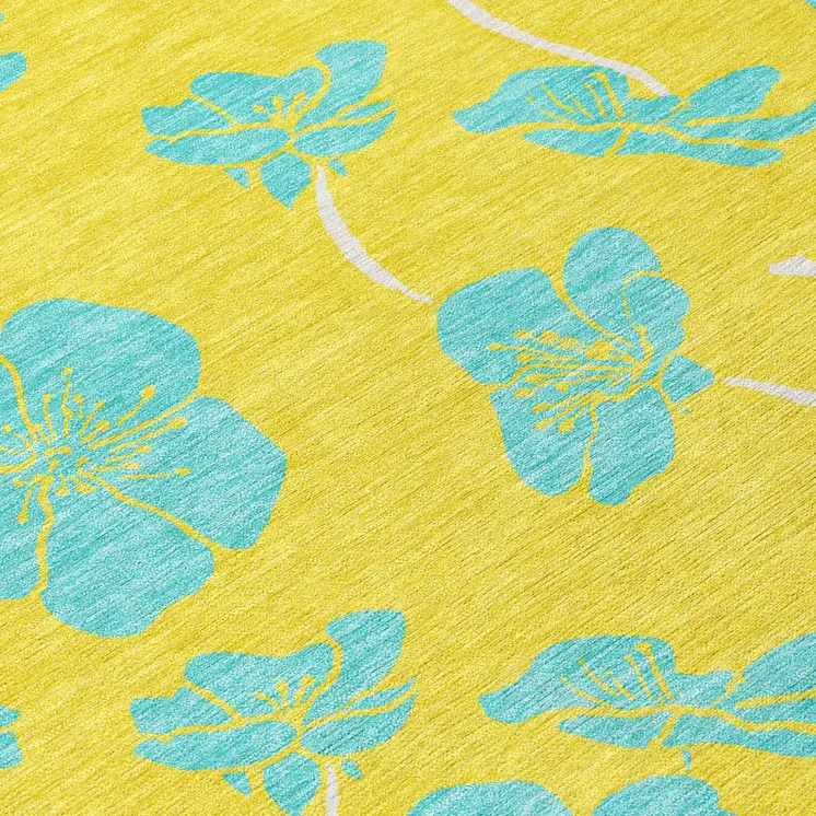 8' X 10' Yellow And Aqua Floral Washable Indoor Outdoor Area Rug