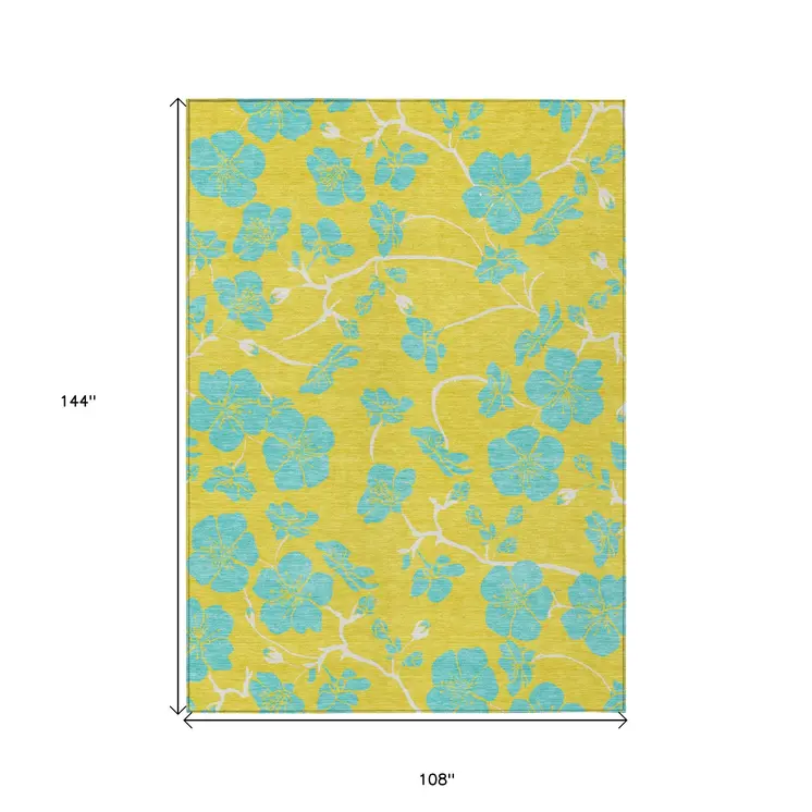 9' X 12' Yellow And Aqua Floral Washable Indoor Outdoor Area Rug