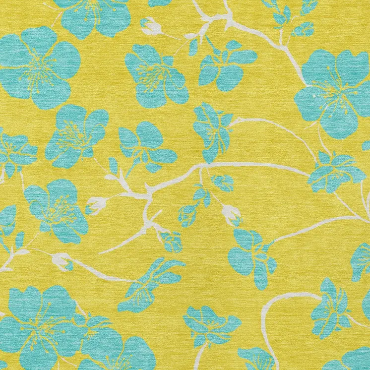 9' X 12' Yellow And Aqua Floral Washable Indoor Outdoor Area Rug