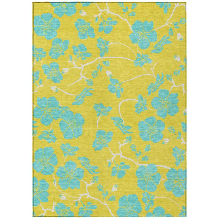 10' X 14' Yellow And Aqua Floral Washable Indoor Outdoor Area Rug
