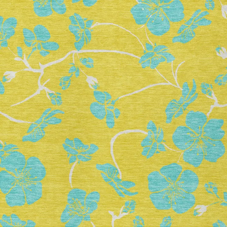 10' X 14' Yellow And Aqua Floral Washable Indoor Outdoor Area Rug