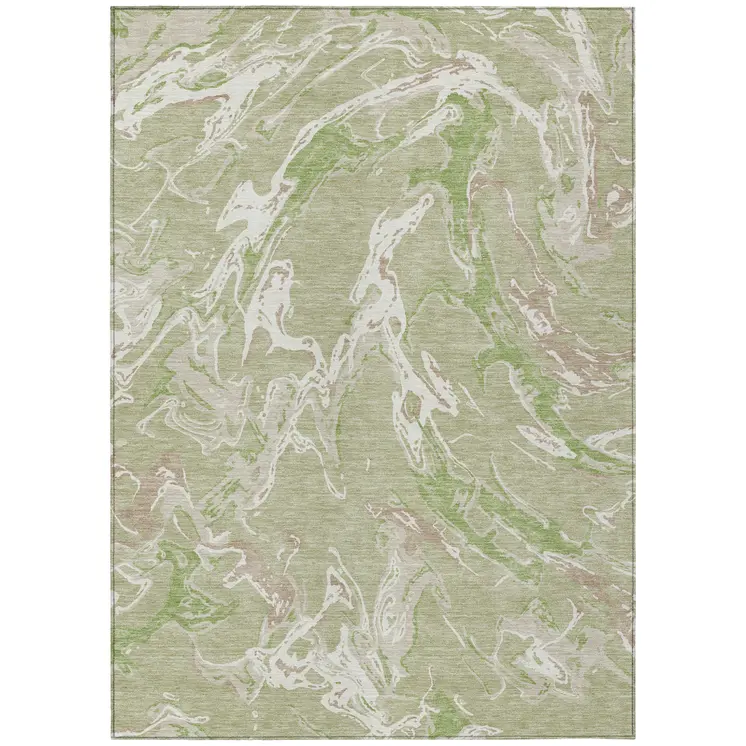 5' X 8' Artichoke Green And Ivory Abstract Washable Indoor Outdoor Area Rug