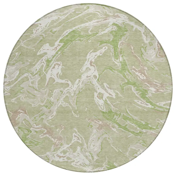 8' Artichoke Green And Ivory Round Abstract Washable Indoor Outdoor Area Rug
