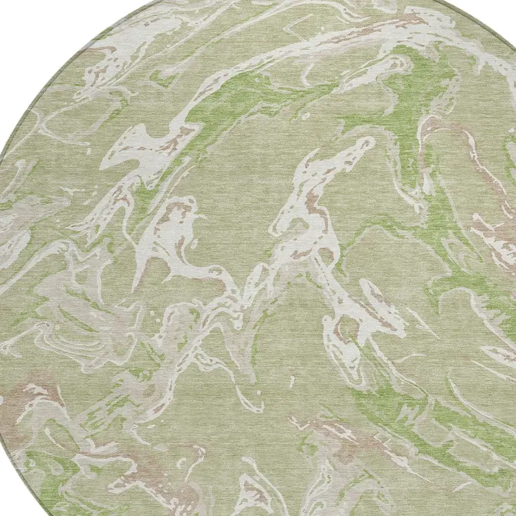 8' Artichoke Green And Ivory Round Abstract Washable Indoor Outdoor Area Rug