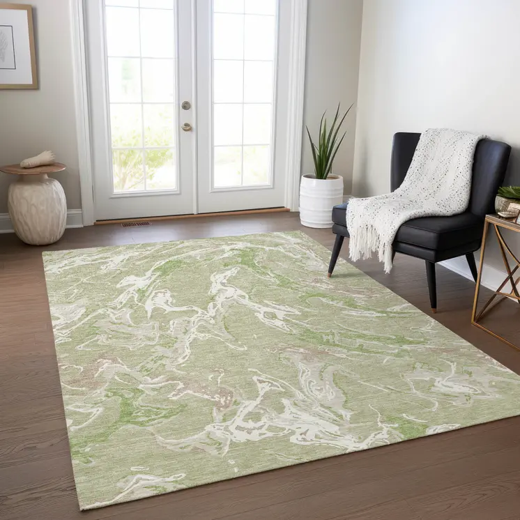 8' X 10' Artichoke Green And Ivory Abstract Washable Indoor Outdoor Area Rug