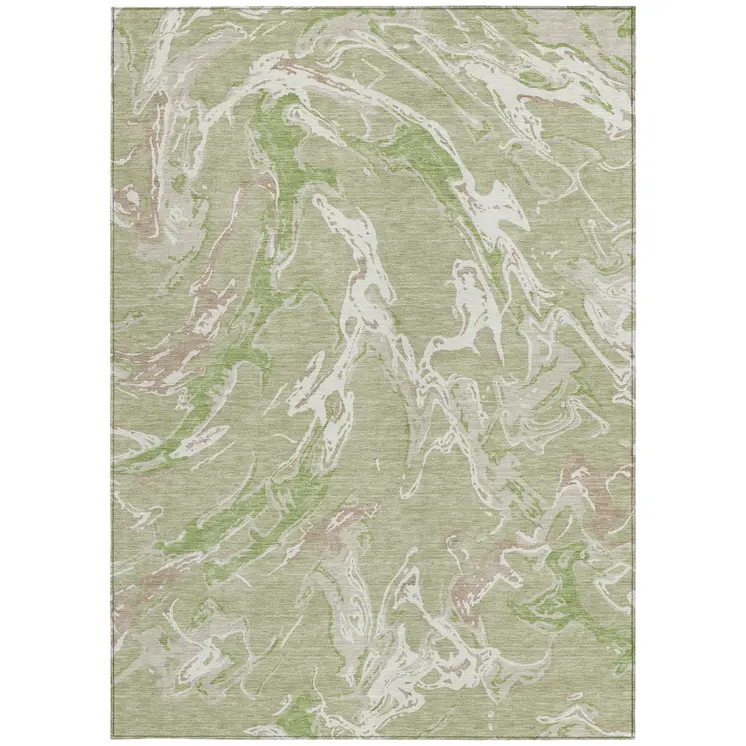 9' X 12' Artichoke Green And Ivory Abstract Washable Indoor Outdoor Area Rug