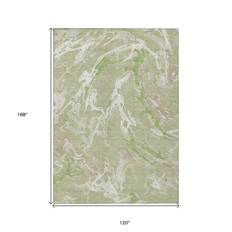 10' X 14' Artichoke Green And Ivory Abstract Washable Indoor Outdoor Area Rug