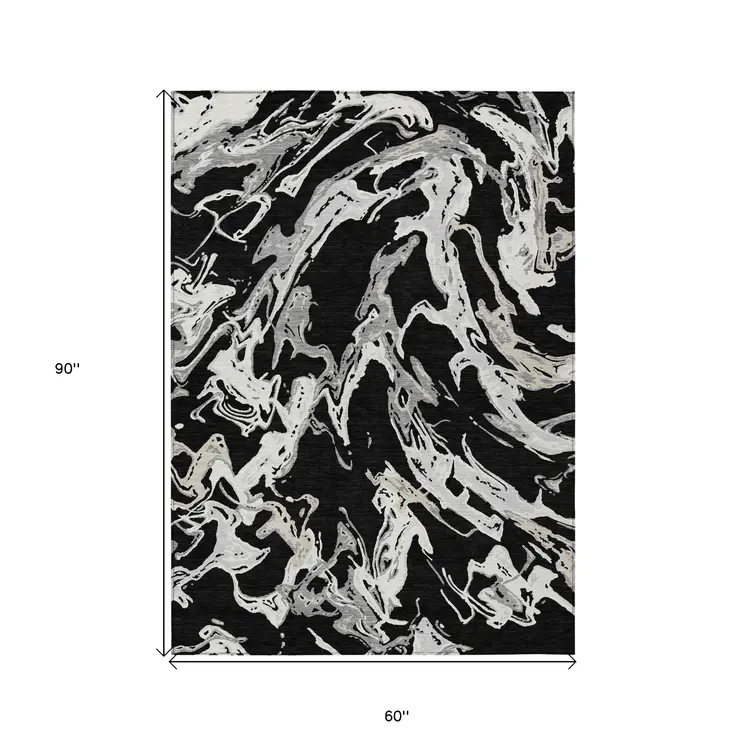 5' X 8' Black And Gray Abstract Washable Indoor Outdoor Area Rug