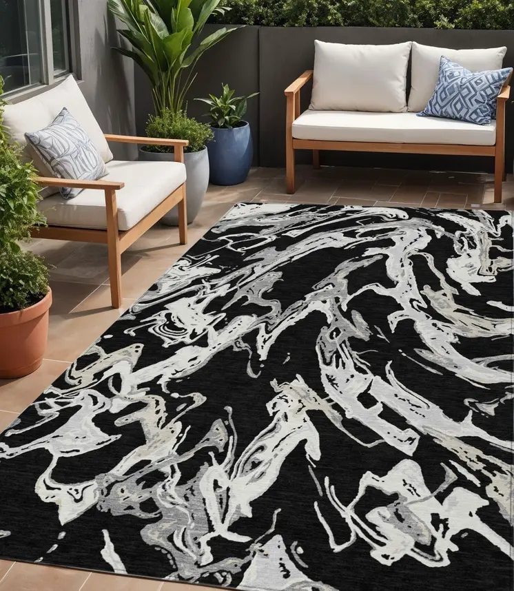 5' X 8' Black And Gray Abstract Washable Indoor Outdoor Area Rug