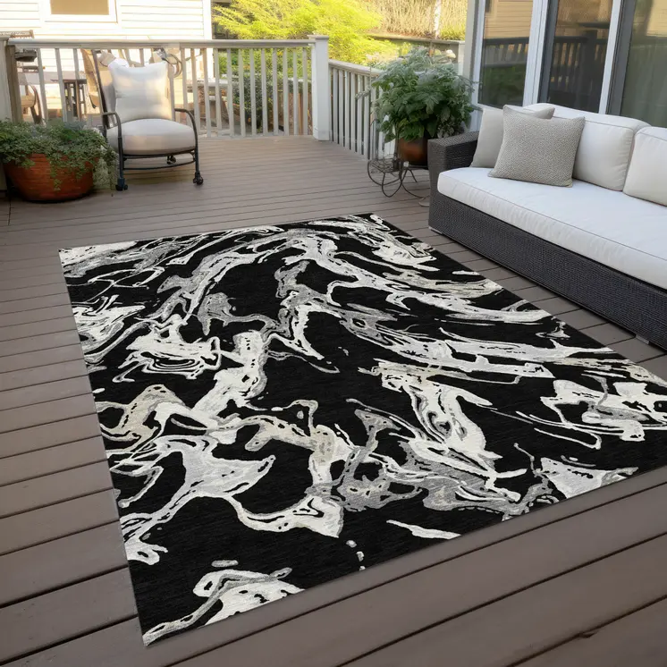 5' X 8' Black And Gray Abstract Washable Indoor Outdoor Area Rug