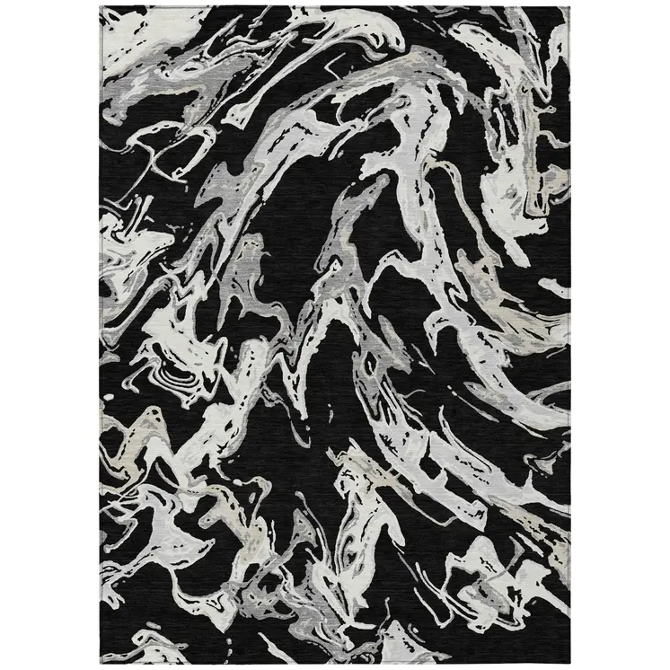 5' X 8' Black And Gray Abstract Washable Indoor Outdoor Area Rug