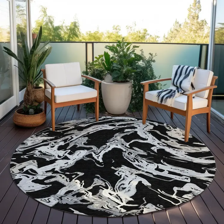 8' Black And Gray Round Abstract Washable Indoor Outdoor Area Rug