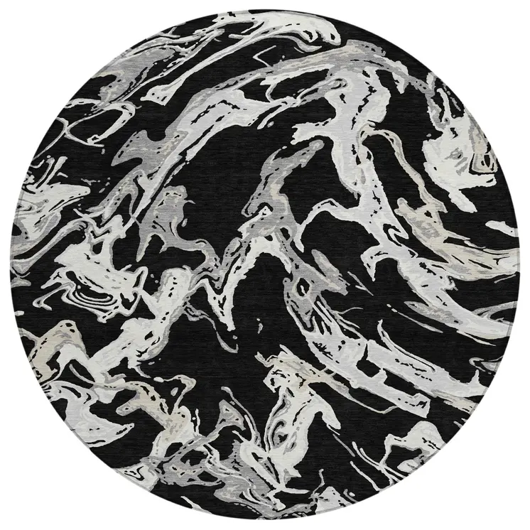 8' Black And Gray Round Abstract Washable Indoor Outdoor Area Rug