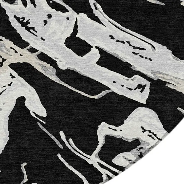 8' Black And Gray Round Abstract Washable Indoor Outdoor Area Rug