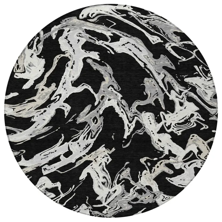 8' Black And Gray Round Abstract Washable Indoor Outdoor Area Rug