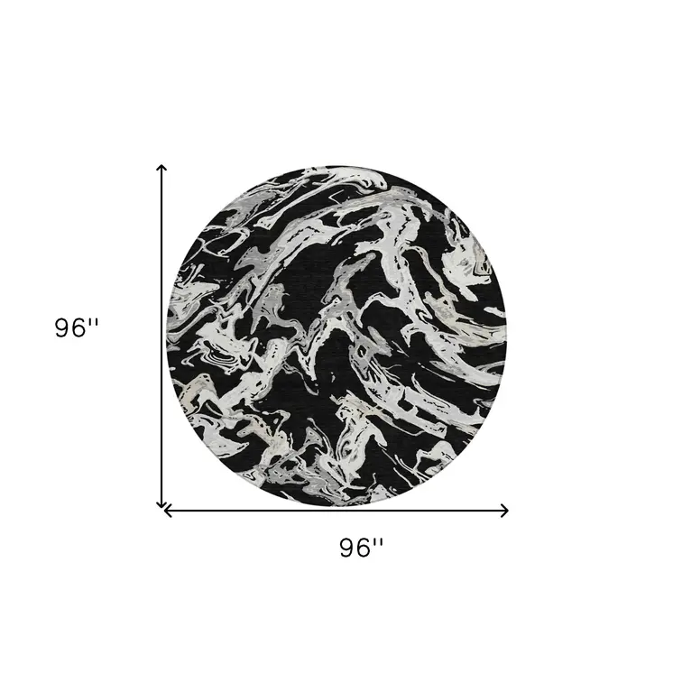 8' Black And Gray Round Abstract Washable Indoor Outdoor Area Rug