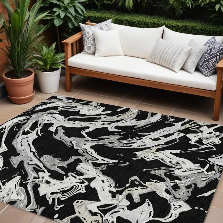8' X 10' Black And Gray Abstract Washable Indoor Outdoor Area Rug