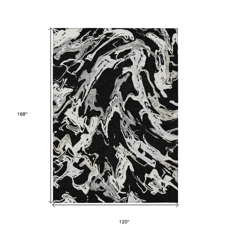 10' X 14' Black And Gray Abstract Washable Indoor Outdoor Area Rug