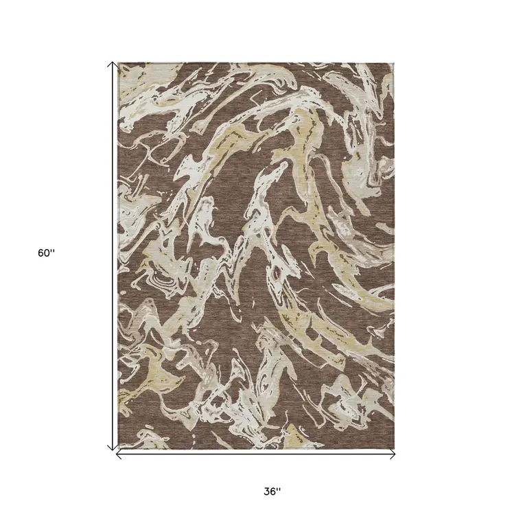 3' X 5' Brown Beige And Ivory Abstract Washable Indoor Outdoor Area Rug